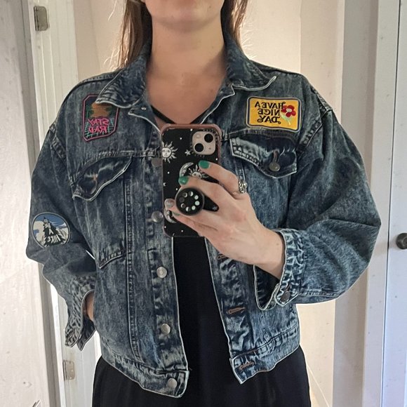 UPCYCLED HANDMADE BY ME ROLLING STONES JEAN JACKET PATCHES GRATEFUL DEAD DENIM - Picture 2 of 16